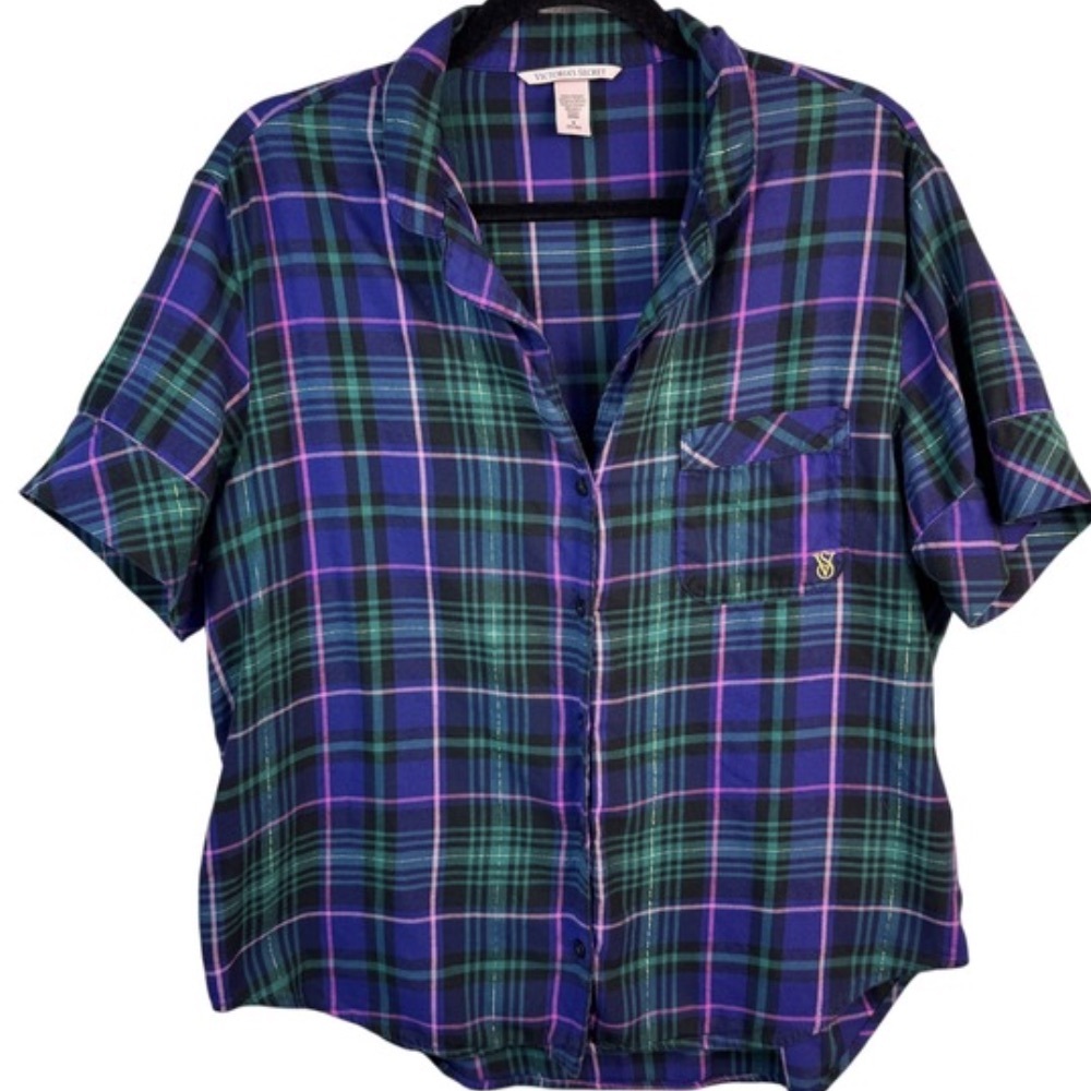 Plaid Button-Up Shirt in Purple, Green, Black